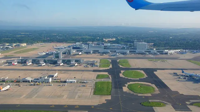 Gatwick Airport from the air, with the terminals and the airfield