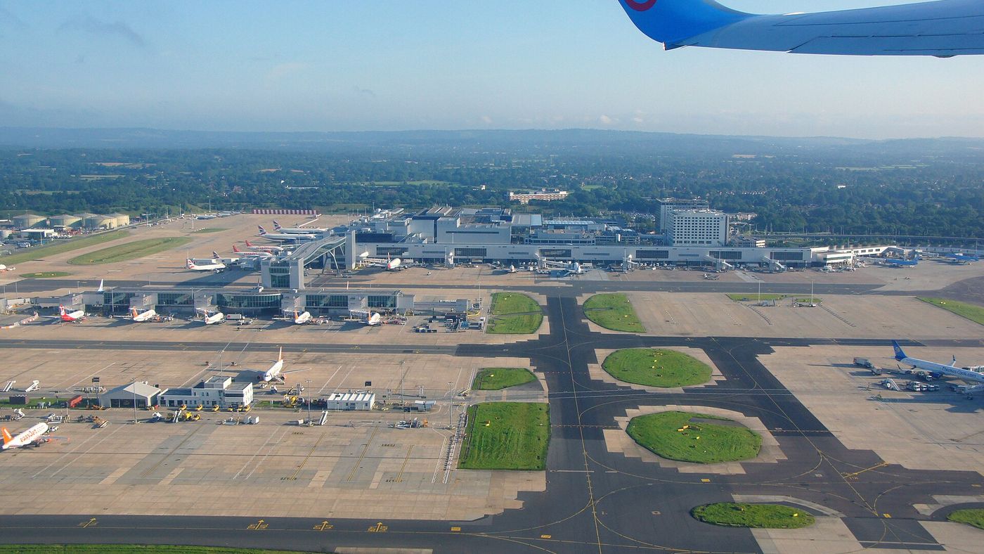 Gatwick Airport from the air, with the terminals and the airfield