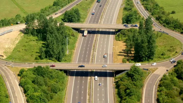 The M23 at junction 9 near Gatwick, seen from the air