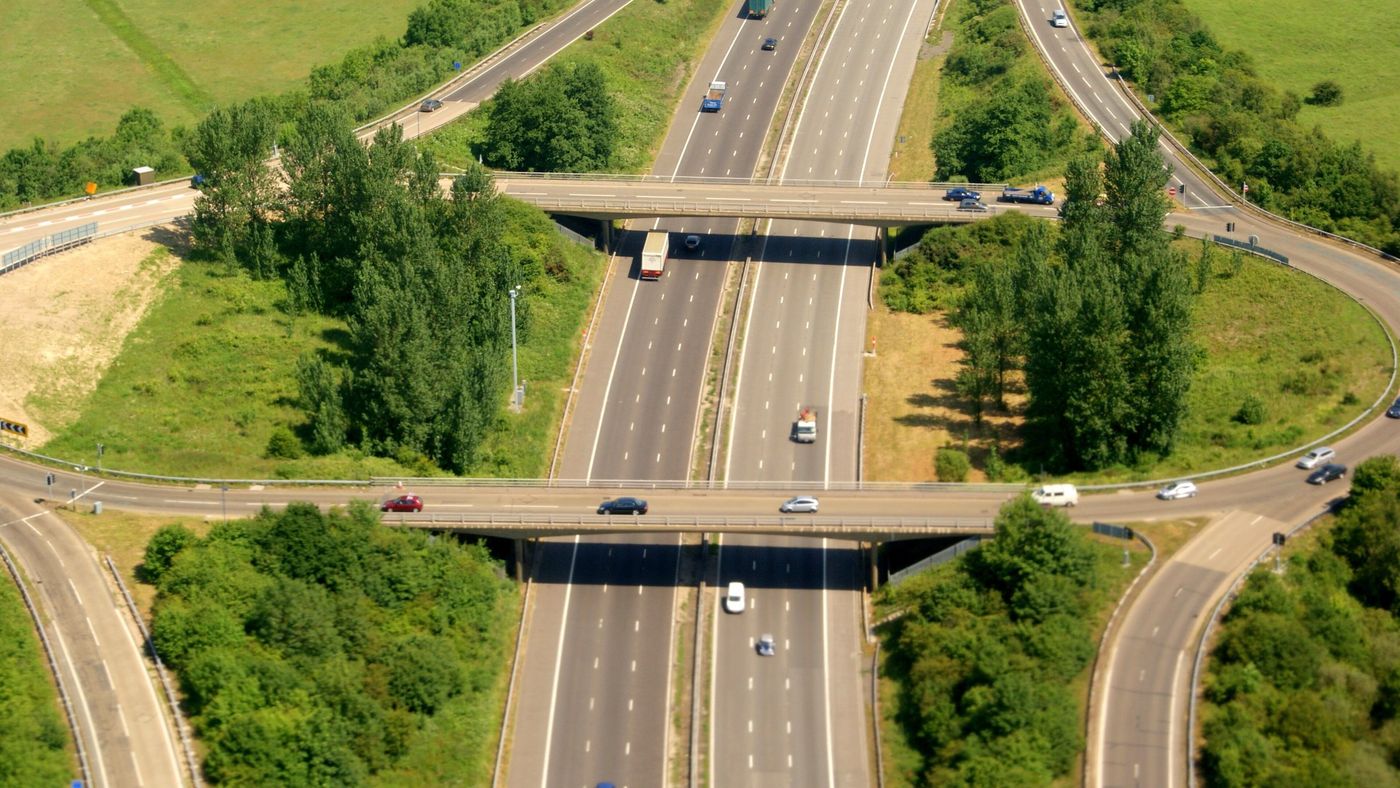 The M23 at junction 9 near Gatwick, seen from the air